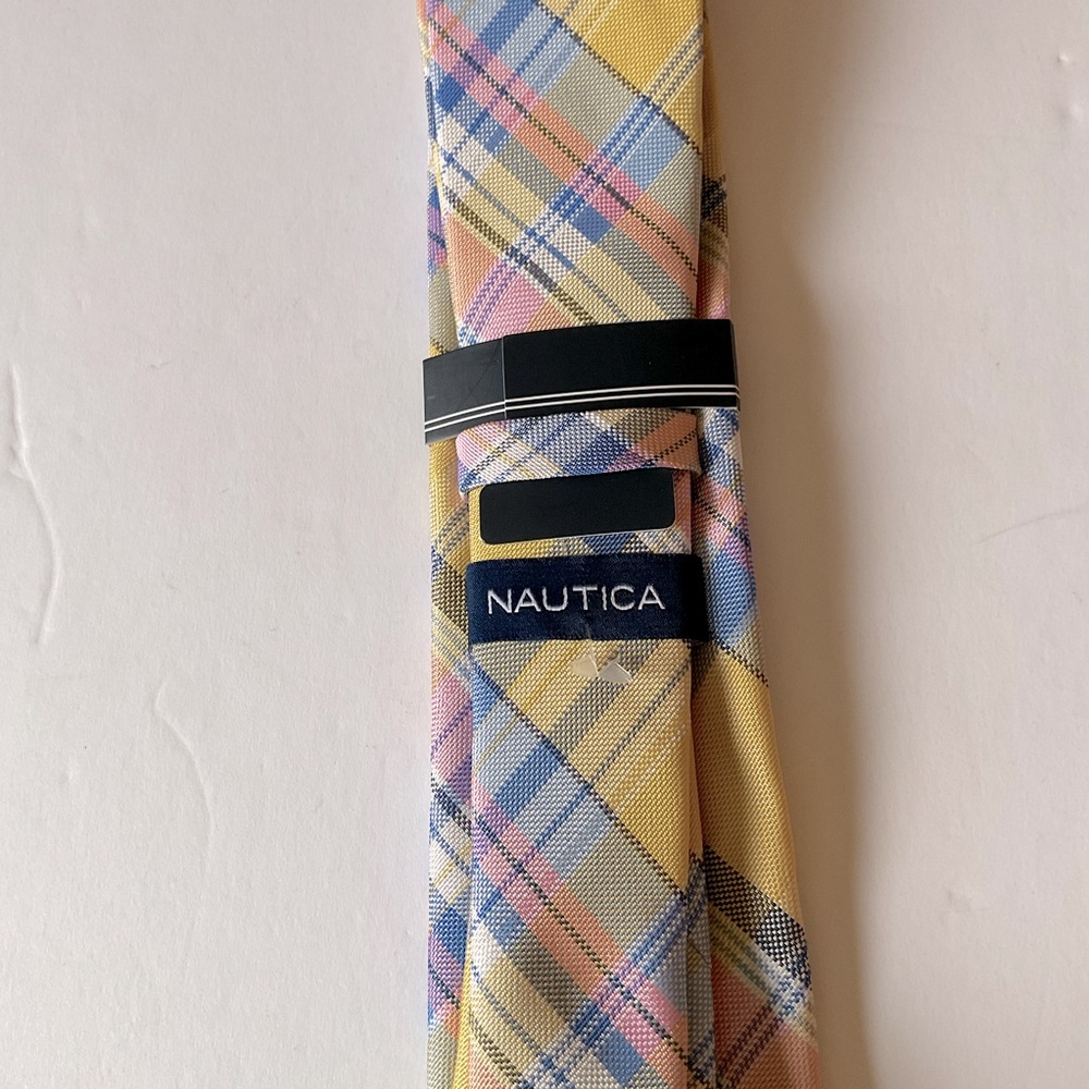 NAUTICA MENS PLAID TIE YELLOW PINK BLUE NWT - Picture 8 of 9